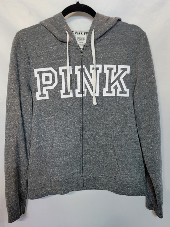 PINK Victoria's Secret Tops - PINK Victoria's Secret Gray Zip-Up Hoodie with White Logo
